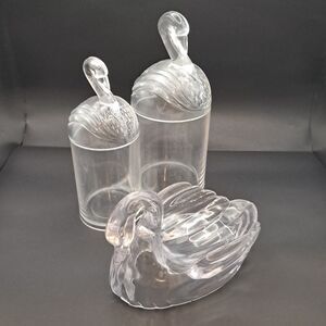 Vintage Clear Plastic Swan Vanity Jars And Soap Dish Set Hollywood Regency